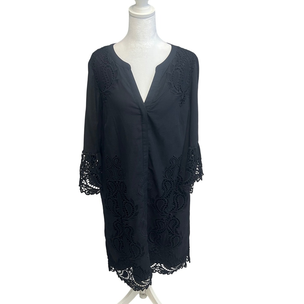 Chico's Tunic Dress Black Crochet Lace Bell Sleeve Sz 1 (US 8) Boho Resort Beach